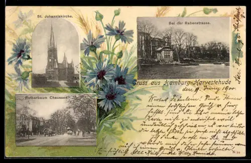 AK Hamburg-Harvestehude, Rotherbaum Chaussee, Partie an der Rabenstrasse, St. Johanniskirche, Passepartout mit Blumen
