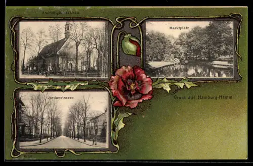 AK Hamburg-Hamm, Blick in die Jordanstrasse, Partie am Marktplatz