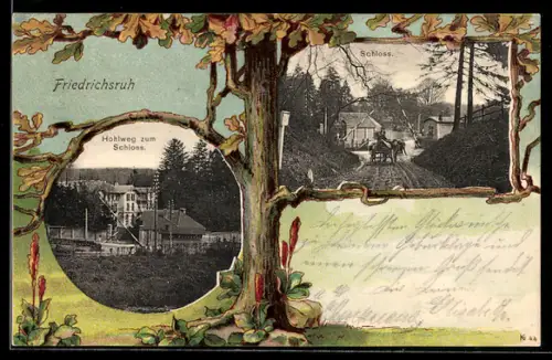 AK Friedrichsruh, Schloss, Strasse Hohlweg, Baum, Passepartout