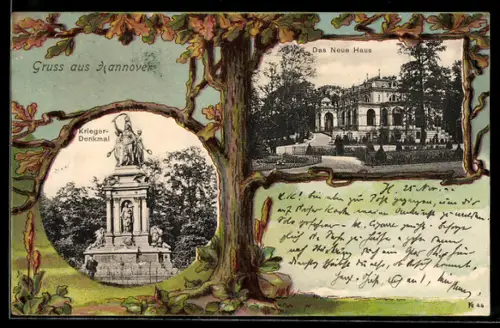 Passepartout-AK Hannover, Krieger-Denkmal & das Neue Haus im Baum
