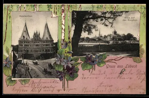 Lithographie Lübeck, Holstentor, Blick auf das Burgtor, Veilchen, Passepartout