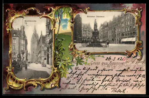 Passepartout-AK Hannover, Marktkirche, Bödeker Denkmal