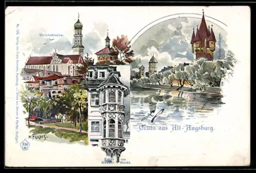 Lithographie Alt-Augsburg, Erker am Kesselmarkt, Ulrichskirche und Fünfgradthurm