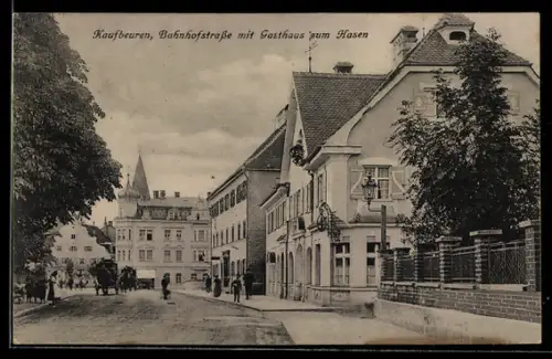 AK Kaufbeuren, Bahnhofstrasse mit Gasthaus zum Hasen