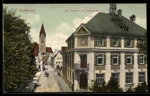 AK Kaufbeuren, Königliches Postamt und Kirche mit Sedanstrasse
