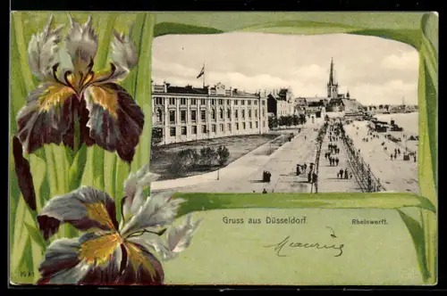 Lithographie Düsseldorf, Rheinwerft, Blumen, Passepartout