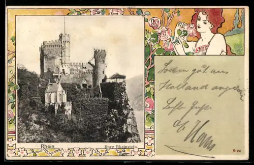 Lithographie Rüdesheim /Rhein, Burg Rheinstein, Frau am Rosenstrauch, Passepartout