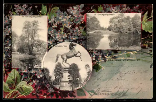 Lithographie Hannover, Im Georgengarten, Sachsenross, Blumen, Passepartout