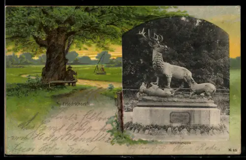 Lithographie Friedrichsruh, Hirschgruppe, Baum in sommerlicher Landschaft, Passepartout