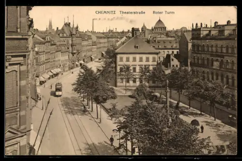 AK Chemnitz, Theaterstrasse mit Rotem Turm aus der Vogelschau