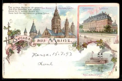 Lithographie Mainz, Grossherz. Schloss, Dom, Rheindampfer