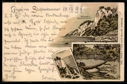 Lithographie Stubbenkammer, Königsstuhl u.kleine Stubbenkammer, Königsstuhl v.Süden, Hertha-See