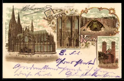 Lithographie Köln, Blick auf den Dom, Gereons Kirche