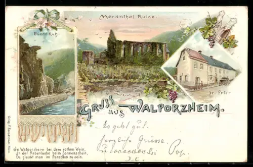 Lithographie Walporzheim, Gasthaus und Weinhandlung von A. Dahm, Marienthal Ruine
