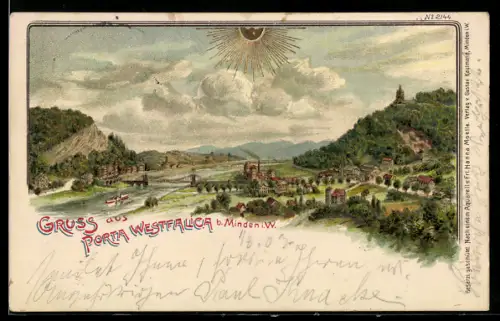 Lithographie Porta Westfalica, Panorama um 1900