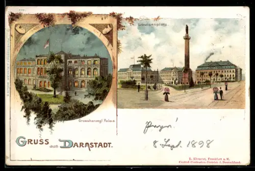 Lithographie Darmstadt, Louisenplatz, Grossherzogl. Palais