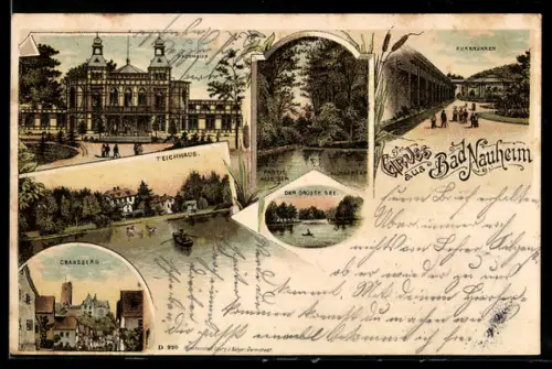 Lithographie Bad Nauheim, Badehaus, Teichhaus, Kurbrunnen