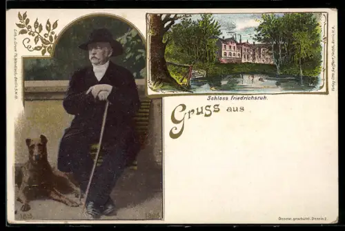 AK Friedrichsruh, Bismarck mit Hund und Schloss Friedrichsruh