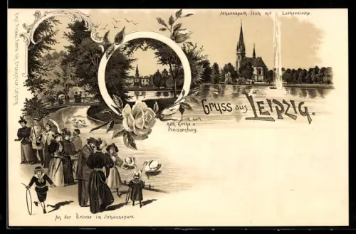 Lithographie Leipzig, Brücke im Johannapark, Kath. Kirche und Pleissenburg, Teich mit Lutherkirche