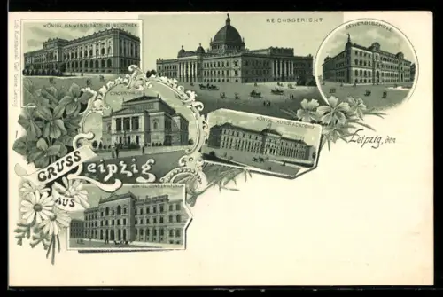 Lithographie Leipzig, Gewerbeschule, Reichsgericht, Konzerthaus und Universitäts-Bibliothek