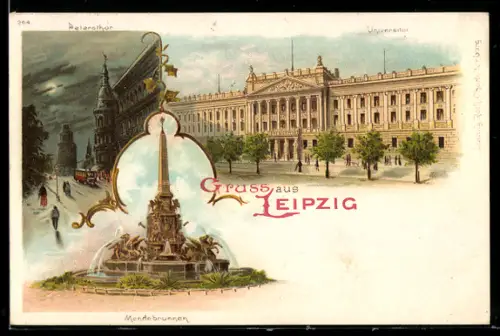 Lithographie Leipzig, Universität, Petersthor bei Nacht, Mendebrunnen