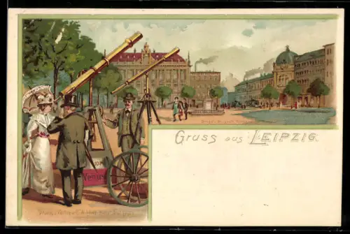 Lithographie Leipzig, Strassenpartie und Herren mit Fernrohren
