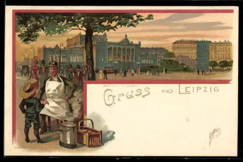 Lithographie Leipzig, Strassenpartie mit Wurstverkäufer