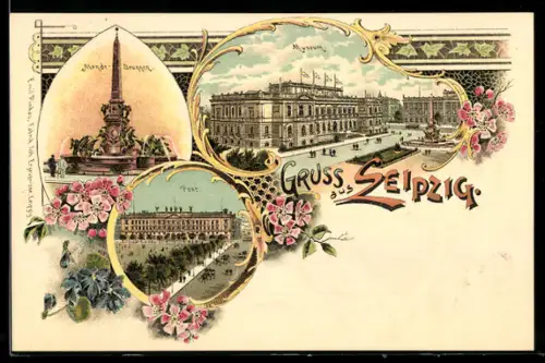 Lithographie Leipzig, Museum, Post, Mende-Brunnen