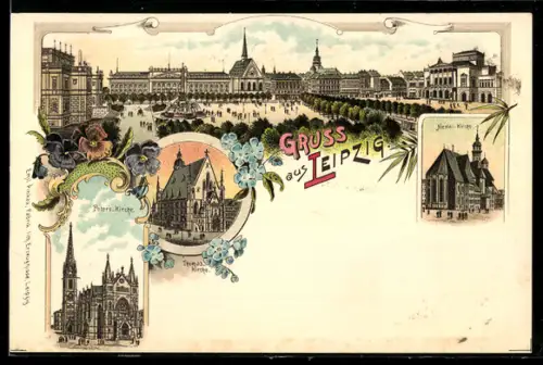Lithographie Leipzig, Peters-Kirche, Thomas-Kirche, Nicolai-Kirche