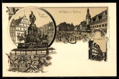 Lithographie Leipzig, Marktplatz mit Rathaus, Grimmaische Str., Sieges Denkmal