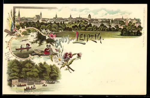 Lithographie Leipzig, Panorama der Stadt, Pleissenpfahlbau Wassergott