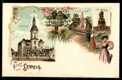 Lithographie Leipzig, Johannis-Kirche, Luther- und Melanchton-Denkmal, Grassi-Grabmal
