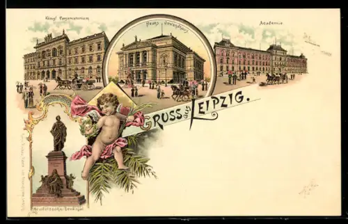 Lithographie Leipzig, Neues Gewandhaus, Academie, Königliches Conservatorium