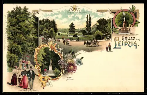 Lithographie Leipzig, Dammweg nach Gohlis, Gellert-Denkmal, Eingang ins Rosenthal