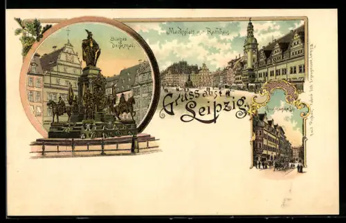 Lithographie Leipzig, Siegesdenkmal, Grimmaische Strasse und Marktplatz