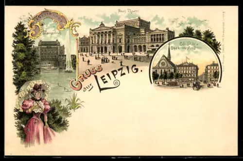 Lithographie Leipzig, Neues Theater, Schwanenteich, Café Felsche