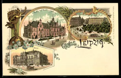 Lithographie Leipzig, Deutsches Buchhändlerhaus, Börse, Reichsbank