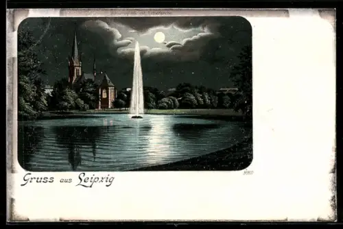 Lithographie Leipzig, Johannapark mit Lutherkirche