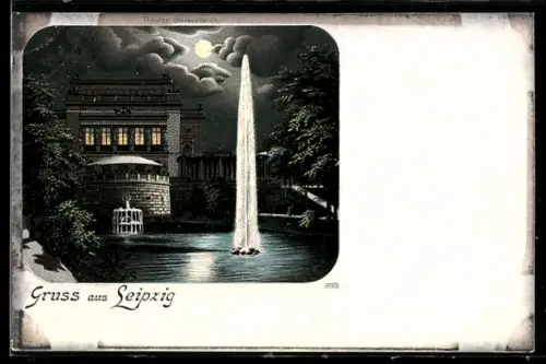 Lithographie Leipzig, Schwanenteich am Theater mit Fontäne