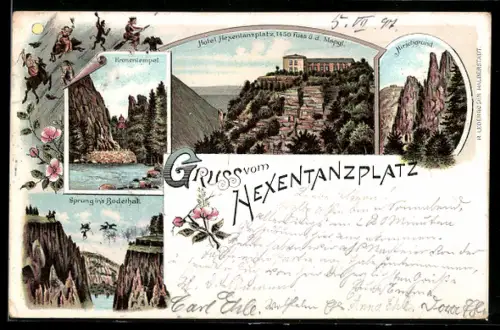 Lithographie Bodethal, Kronentempel, Hirschgrund und Sprung ins Bodethal