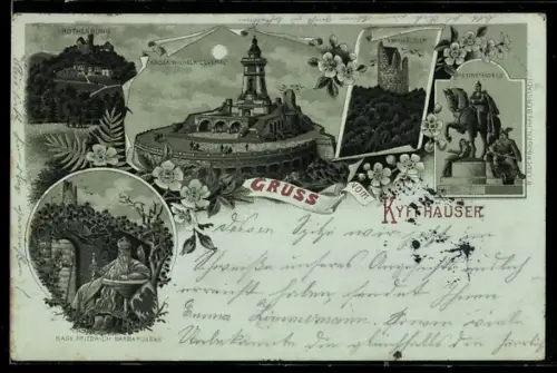 Mondschein-Lithographie Kyffhäuser, Kaiser Wilhelm-Denkmal, Rothenburg, Reiterstandbild