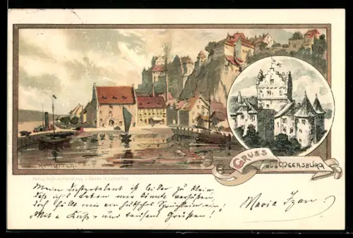 Künstler-AK Karl Mutter: Meersburg, Schloss, Teilansicht mit Flussbrücke