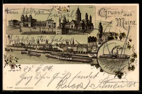 Lithographie Mainz, Centralbahnhof, Dom, Rheindampfer