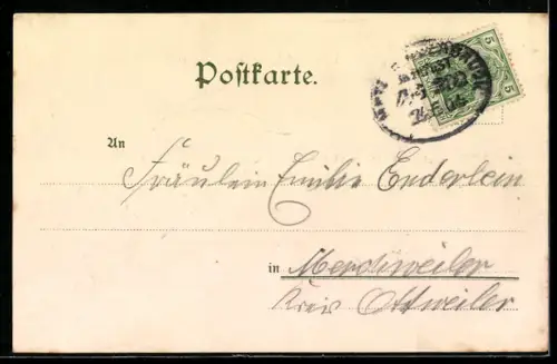 Lithographie Mainz, Centralbahnhof, Dom, Rheindampfer