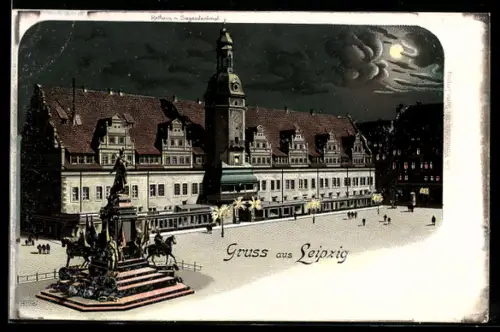 Lithographie Leipzig, Rathaus und Siegesdenkmal aus der Vogelschau