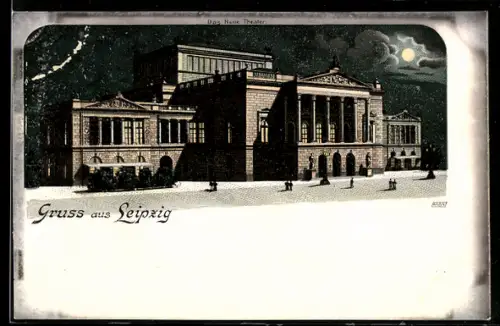 Lithographie Leipzig, Neues Theater bei Mondschein