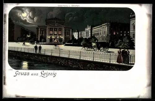 Lithographie Leipzig, Konzerthaus und Bibliothek bei Mondschein