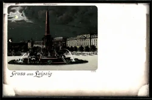 Lithographie Leipzig, am Mendebrunnen