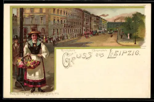 Lithographie Leipzig, Reichsbank und Bürgerschule mit Strassenbahn