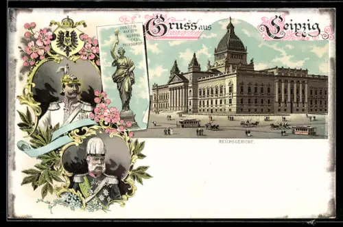 Lithographie Leipzig, Reichsgericht, Justitia auf der Kuppel des Reichsgerichts